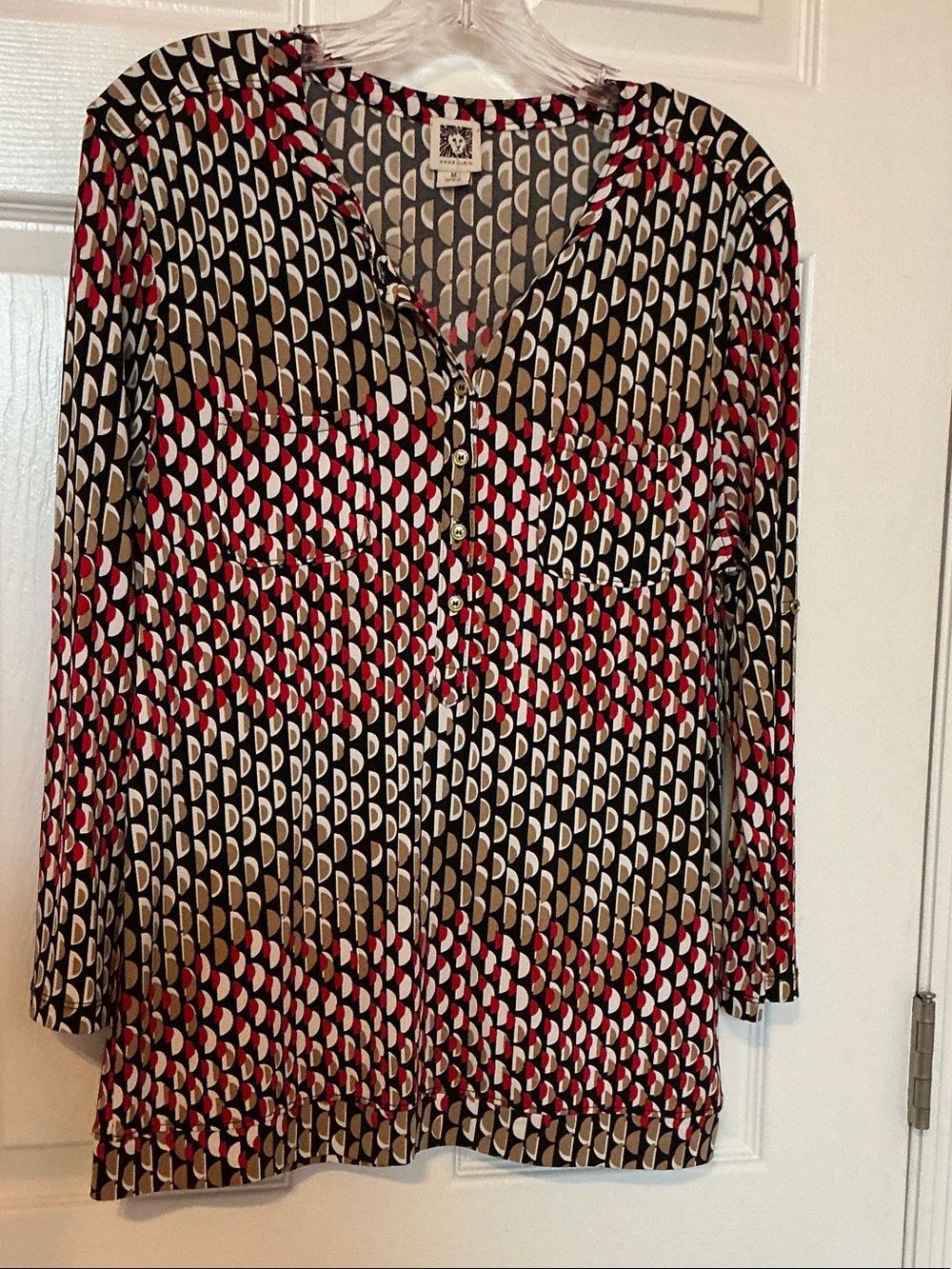 Anne Klein Black Tan and Red Geometric V-Neck Blouse